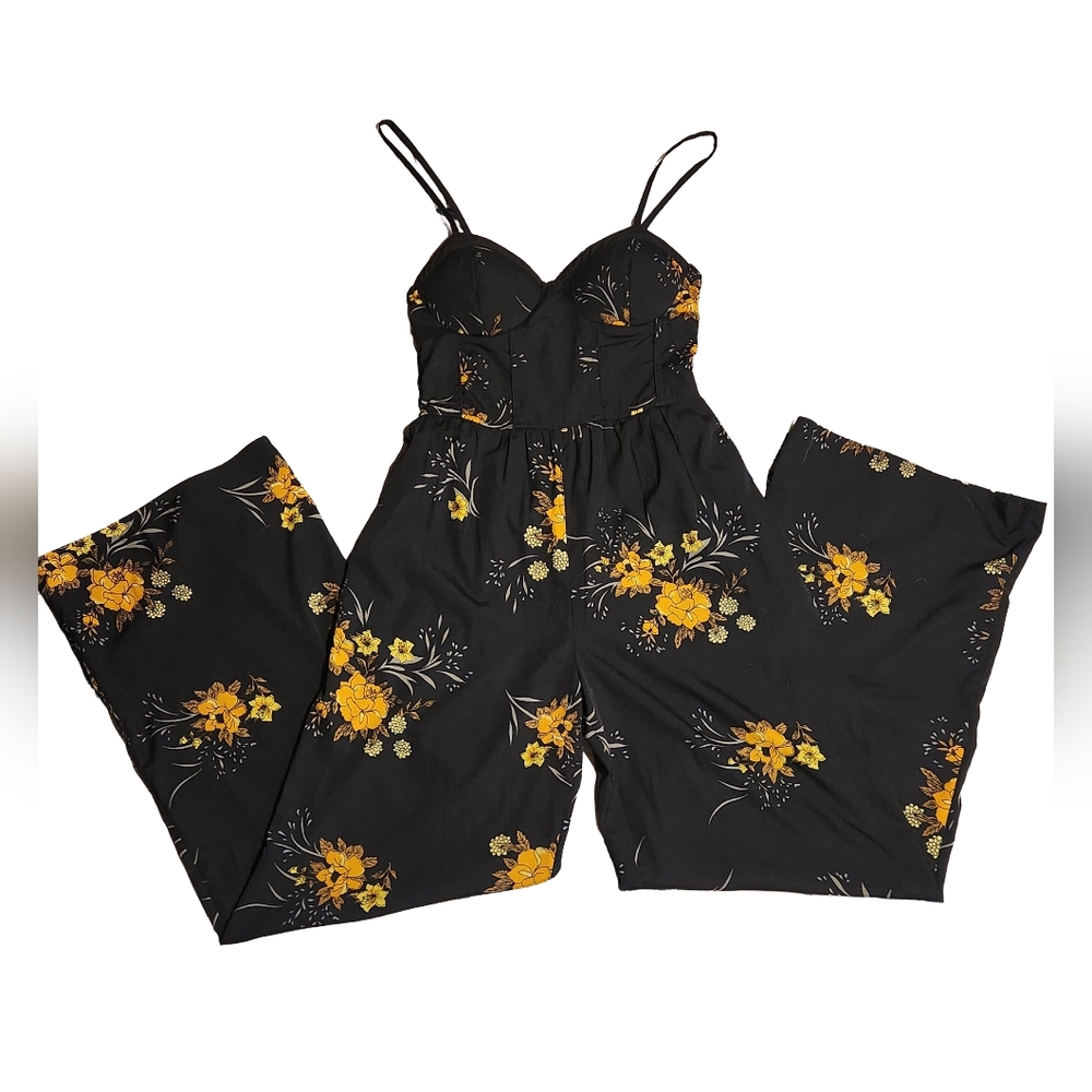Band of Gypsies Black Floral Sweetheart Corset Wide Leg Jumpsuit Boho Maxi Sz XS - Picture 3 of 8